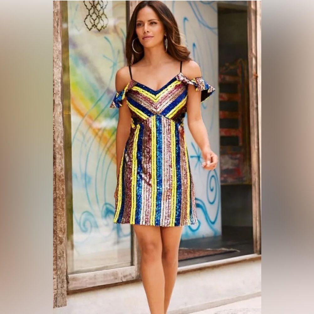 NWT Boston Proper Sequin cocktail Party Mini Dress Blue Gold 4